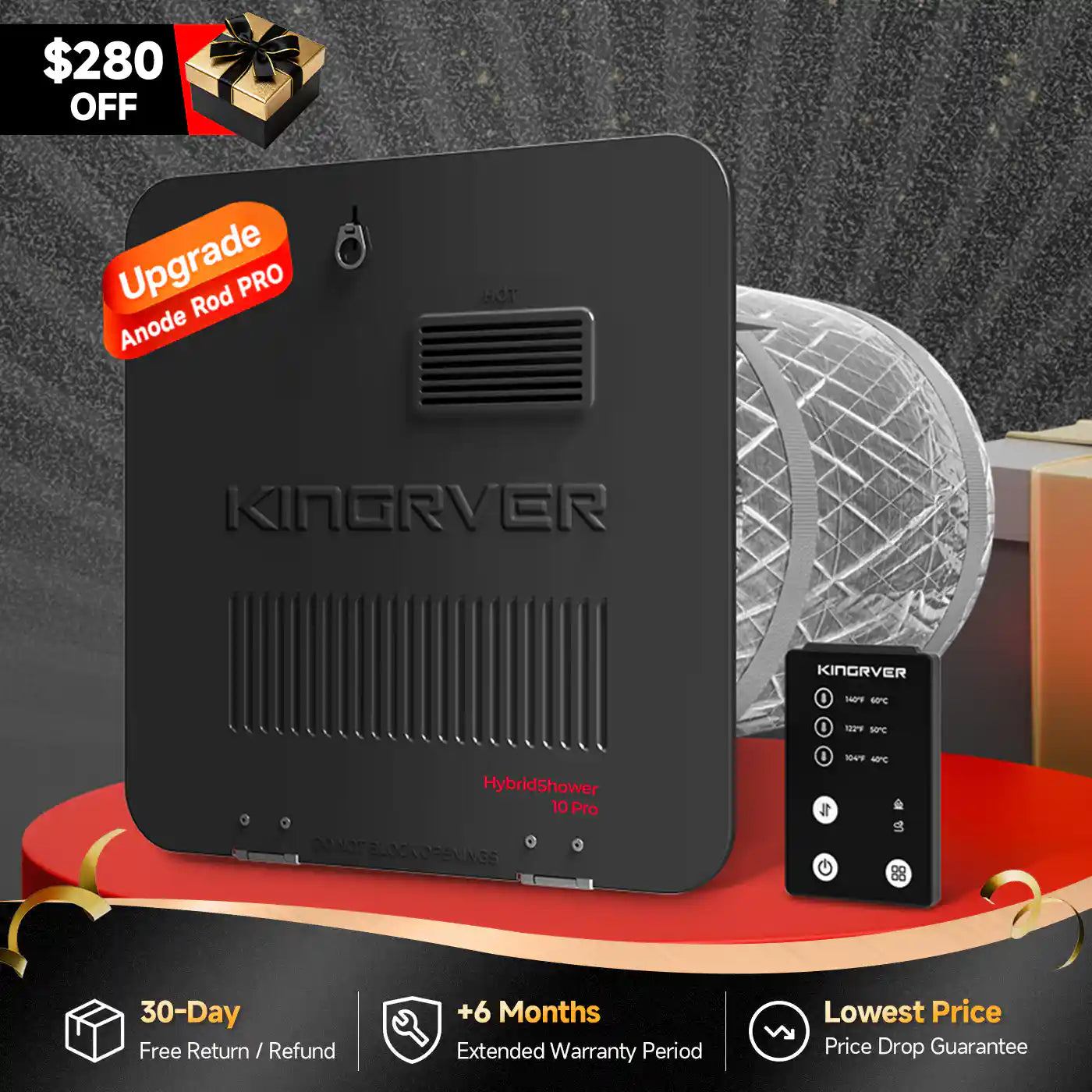 KINGRVER 10 Gallon RV Water Heater | HyBridShower 10 Pro | 1440 W Electric Dual Fuel | 12000 BTU Propane Hot Water Heater | Bulit-in Powered Anode Rod