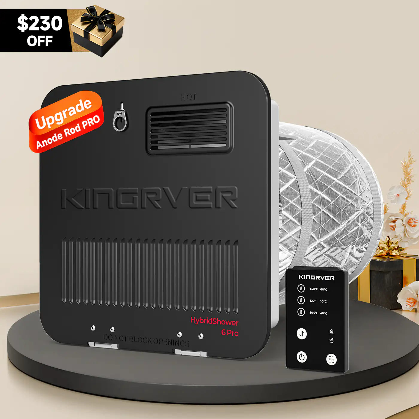 KINGRVER 6 Gallon RV Tank Water Heater | HybridShower 6 Pro – RV Gas and Electric Water Heater with Built-in Powered Anode Rod