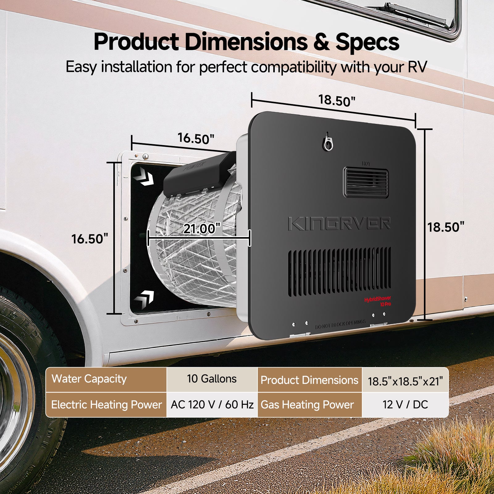 KINGRVER 10 Gallon RV Water Heater | HyBridShower 10 Pro | 1440 W Electric Dual Fuel | 12000 BTU Propane Hot Water Heater | Bulit-in Powered Anode Rod