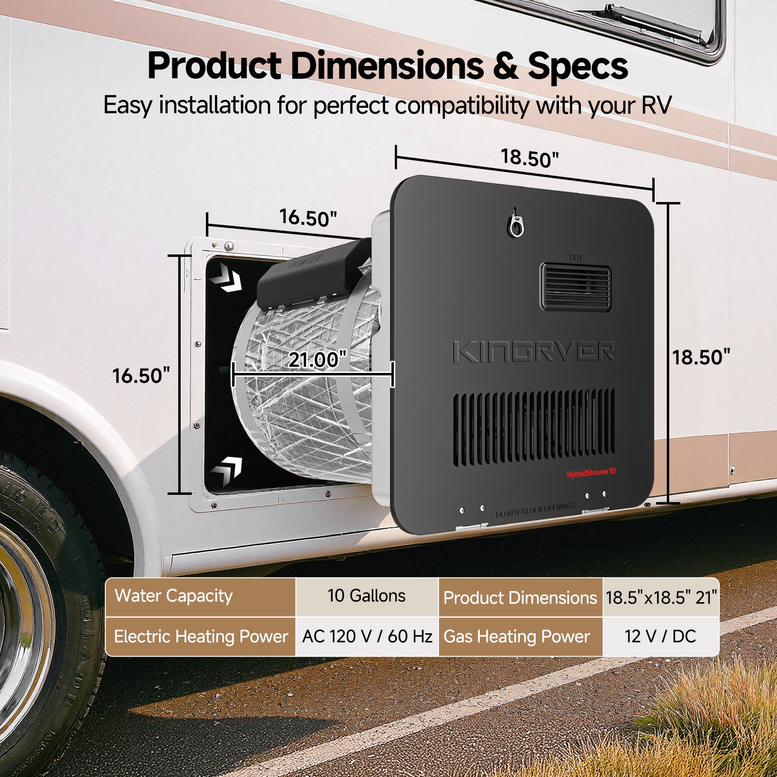KINGRVER 10 Gallon RV Water Heater | HyBridShower 10 | 1440 W Electric Dual Fuel | 12000 BTU Propane Hot Water Heater | Bulit-in Magnesium Anode Rod