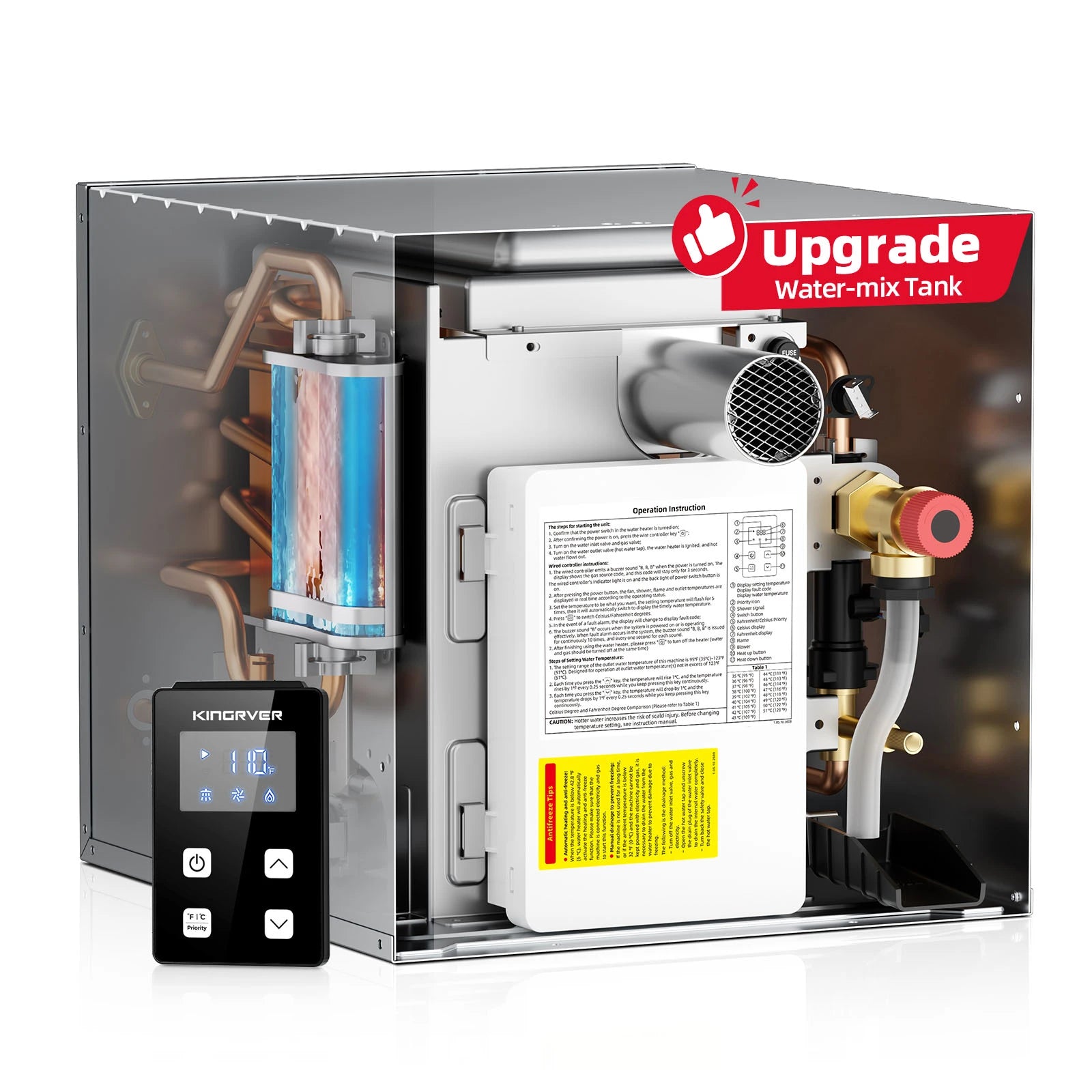 RV Tankless Water Heater with Mixing Valve, 65,000 BTU Instant Hot Water, 2.5 GPM Propane Gas, Camper Water Heater with Wired Controller