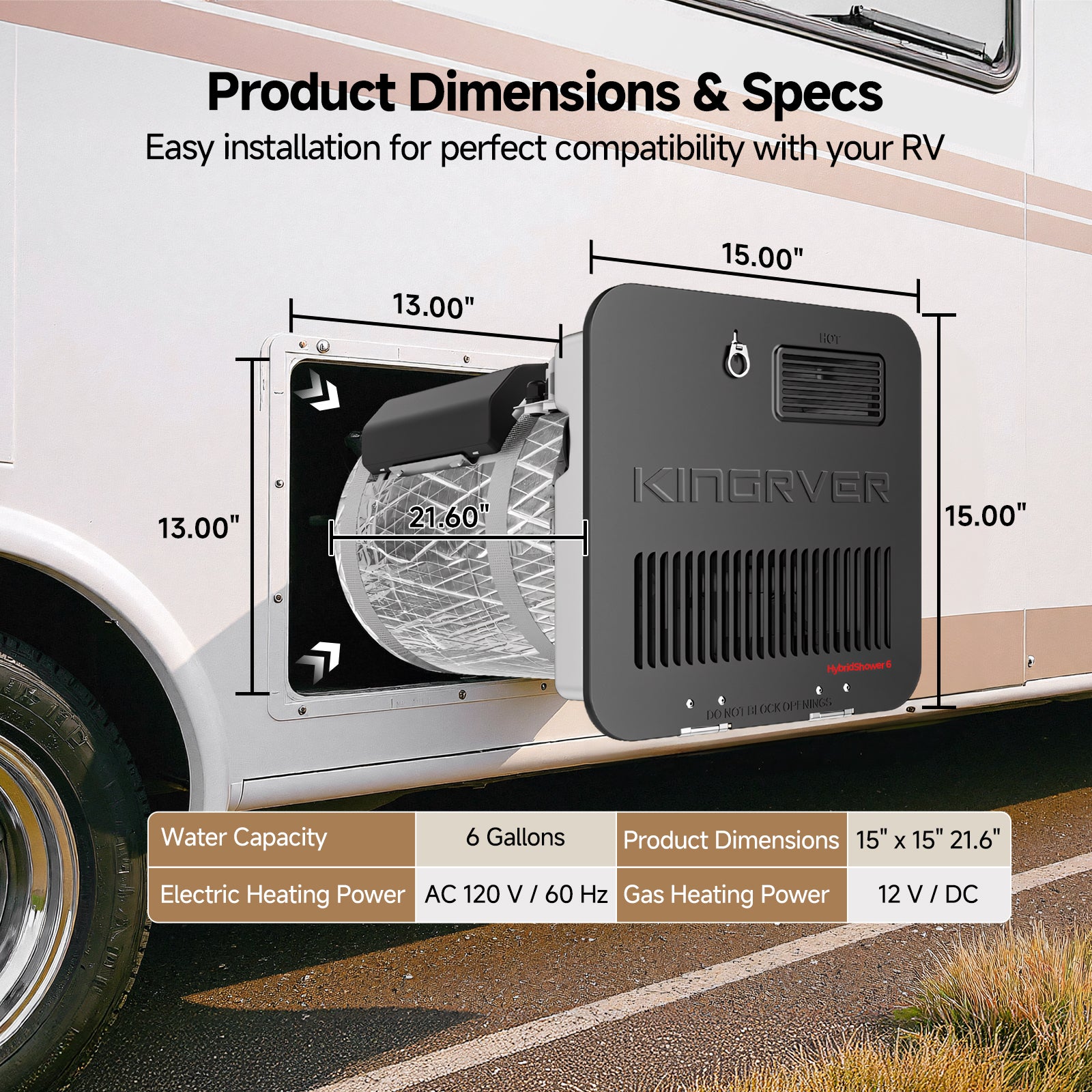 KINGRVER 6 Gallon RV Tank Water Heater | HybridShower 6 – RV Gas and Electric Water Heater with Built-in Magnesium Anode Rod