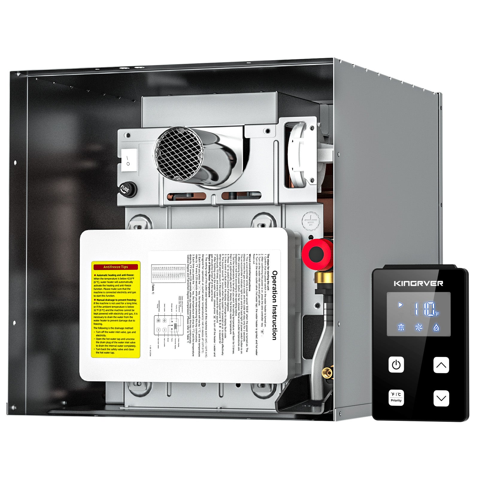 KINGRVER RV Tankless Water Heater 48000btu without Door, Propane Gas, DC 12V