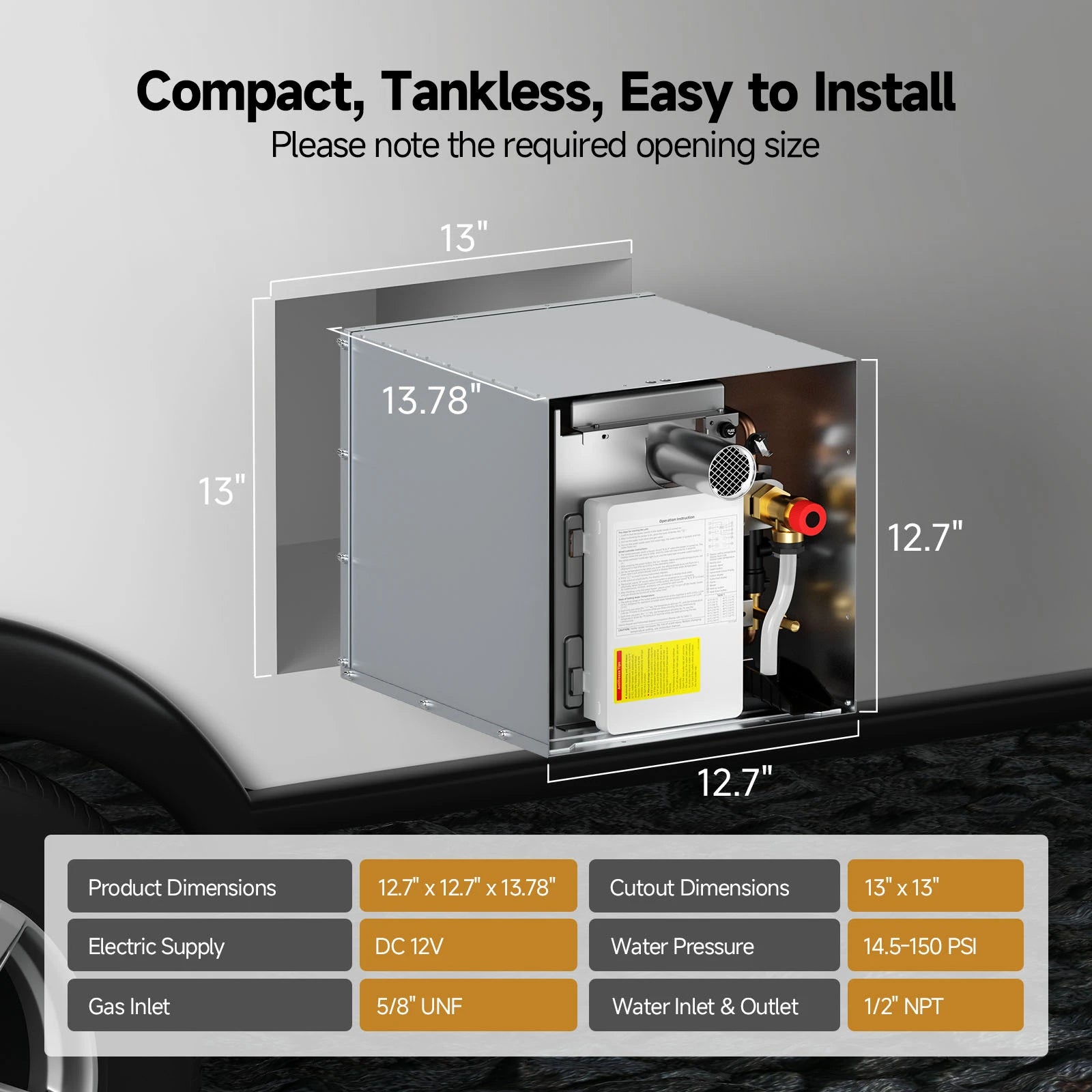 RV Tankless Water Heater with Mixing Valve, 65,000 BTU Instant Hot Water, 2.5 GPM Propane Gas, Camper Water Heater with Wired Controller