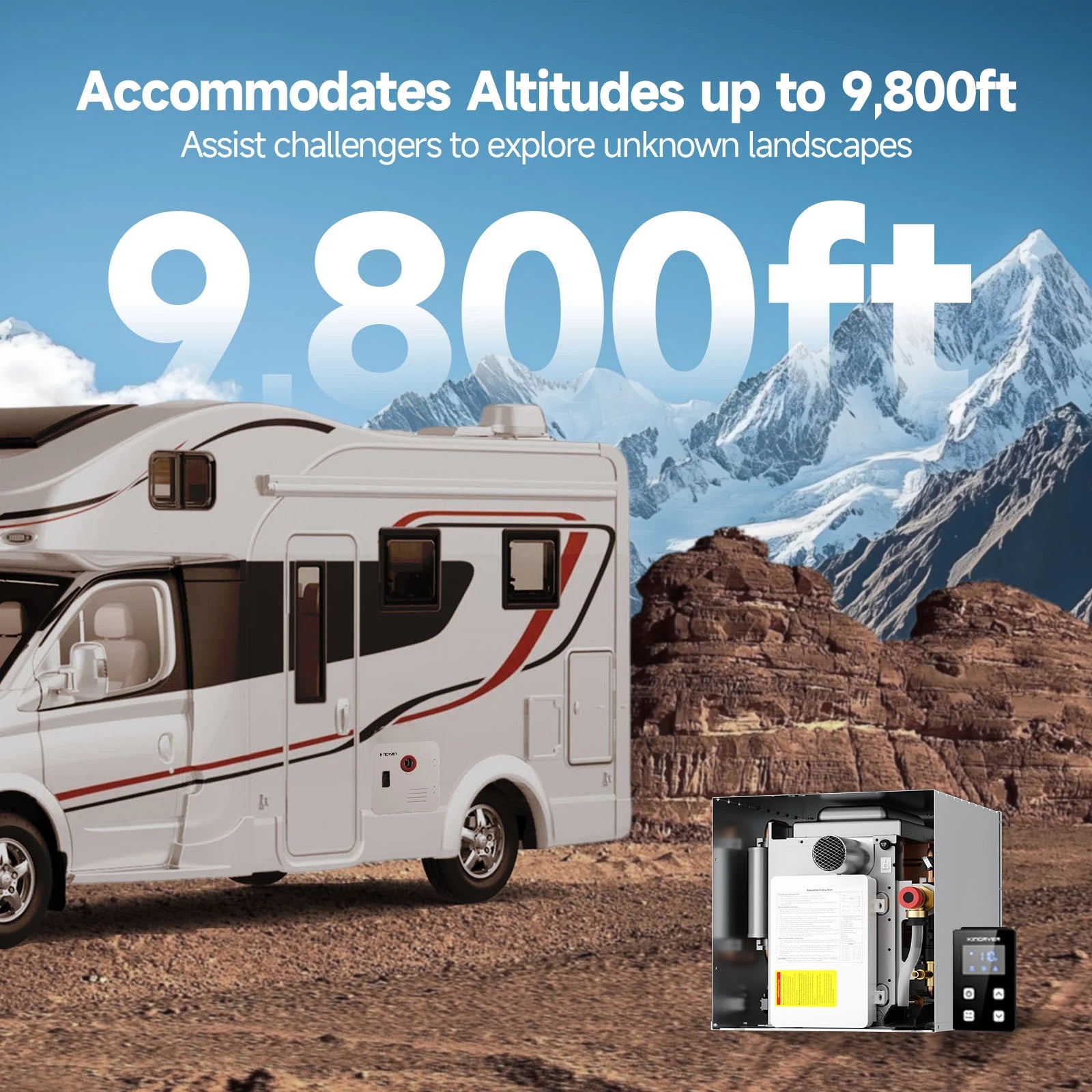 RV Tankless Water Heater with Mixing Valve, 65,000 BTU Instant Hot Water, 2.5 GPM Propane Gas, Camper Water Heater with Wired Controller